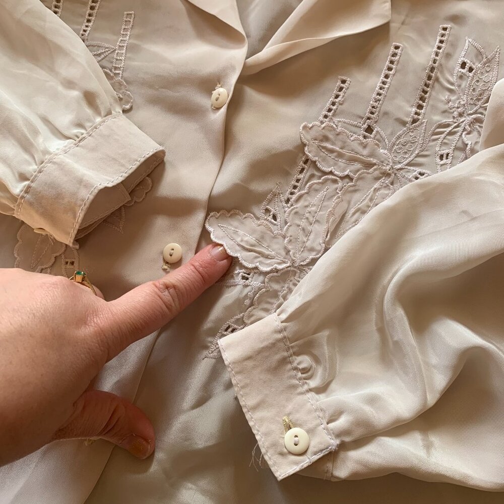 VTG Women’s Blouse Sz L Embroidered Cut Out Leaf Pop‎ Out Cottage Granny Core - Picture 7 of 8